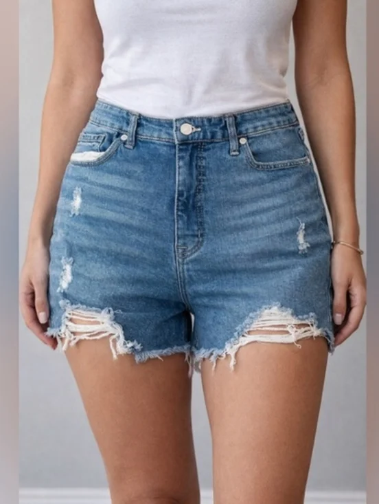 Sofia by sofia vergara Distressed High-Rise Denim Shorts - Blue Size 12 - Picture 1 of 10